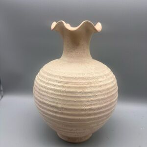 Haeger Textured Ruffled Rim Stoneware Vase in Soft Pink